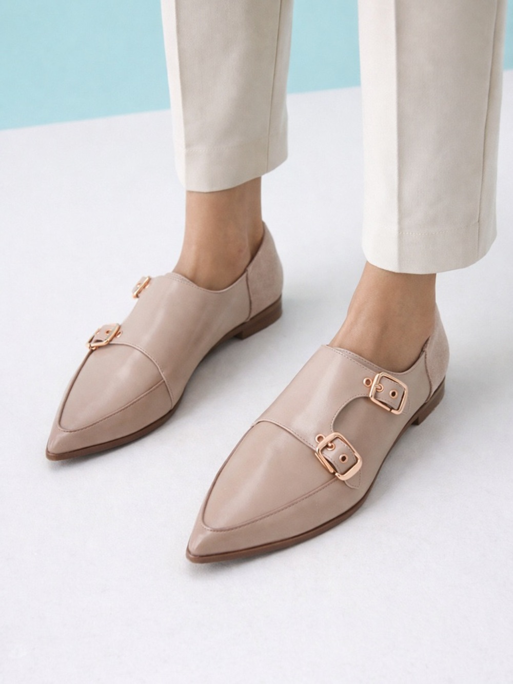 Pointed Double-Buckle Women’s Loafers in Nude